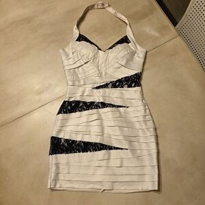 Bebe White Tiered Halter Dress with Black Lace Detail